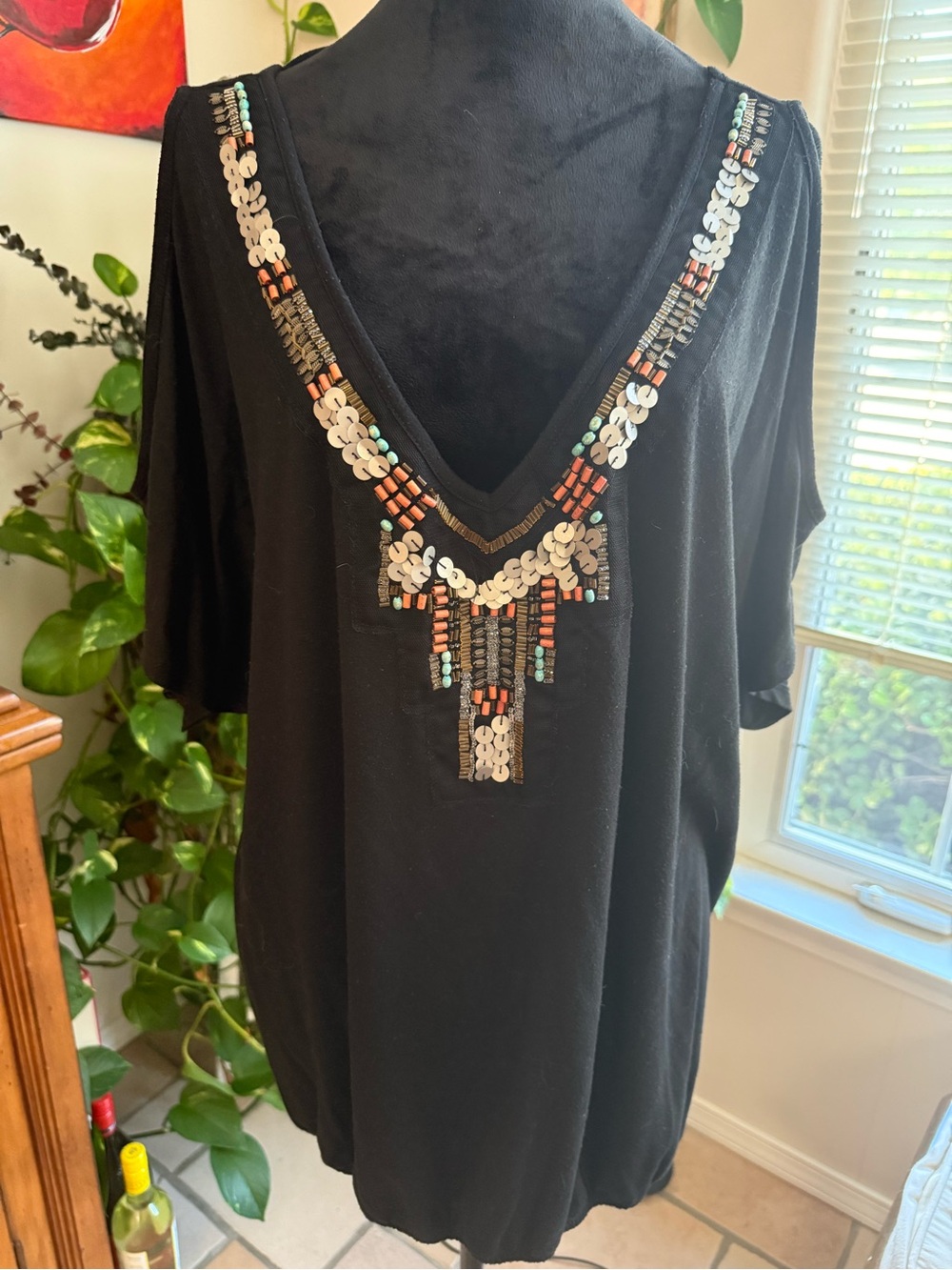 torrid Black V-Neck Tunic with Multicolor Beaded Trim
